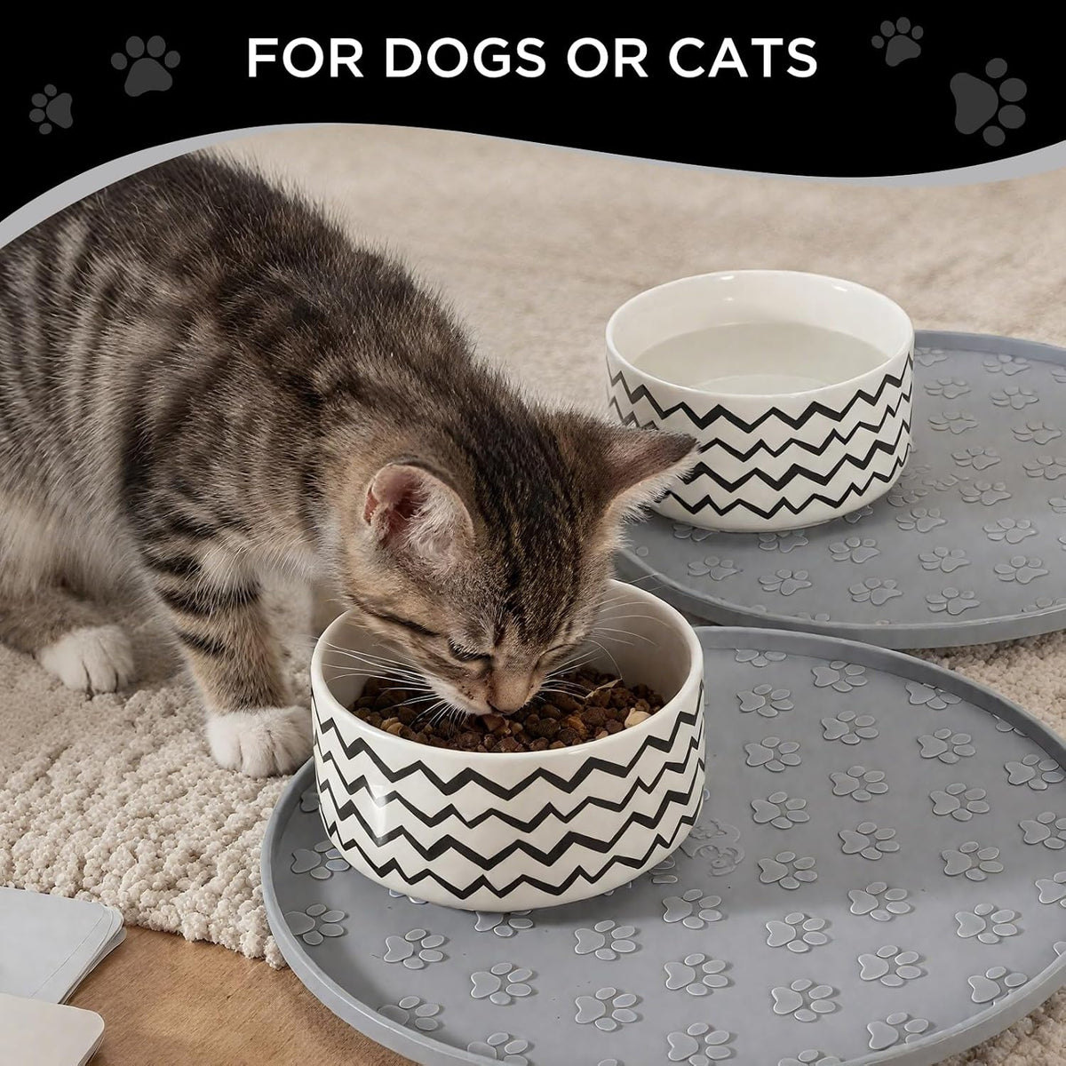 Comtim Waterproof Dog Food Mat - 2 Pack Silicone Pet Food Mat Dog Food Bowl Mats Cat Water Mats Eating Tray, Non-Slip Pet Placemat with Lip for Messy Drinkers to Protect Floor,Light Grey 11"