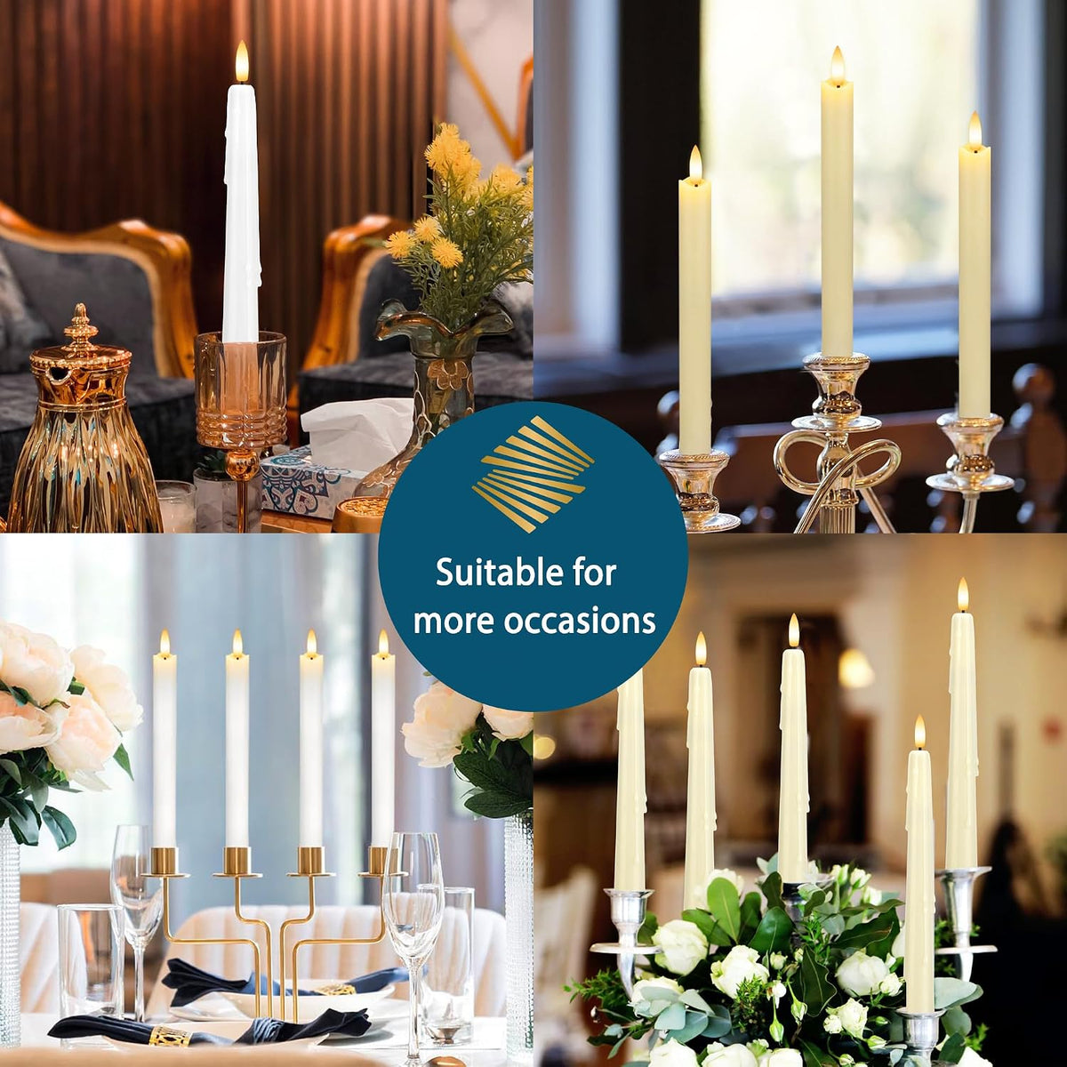 Dripless Flameless Taper Candles with Remote, Real Wax Battery Operated LED Candles Set with 3D Flickering Flame, 9.6" Realistic Dripless Candlesticks for Wedding Home Decor, 3 Pack Ivory