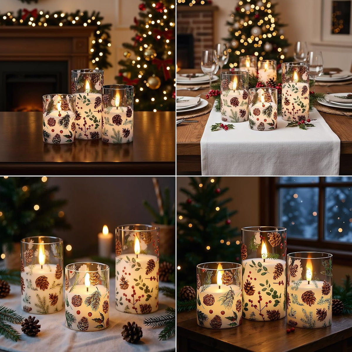 Christmas Pinecone LED Glass Flameless Candles Battery Operated Remote