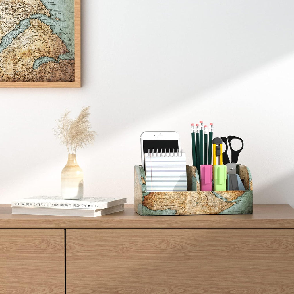 PU Leather Supply Organizer,Remote Control Holder Multifunctional Office Stationery Storage Box Organizer,Pencil Holders Organizers Table Top Desktop Desk Accessories(1-Vintage Map)