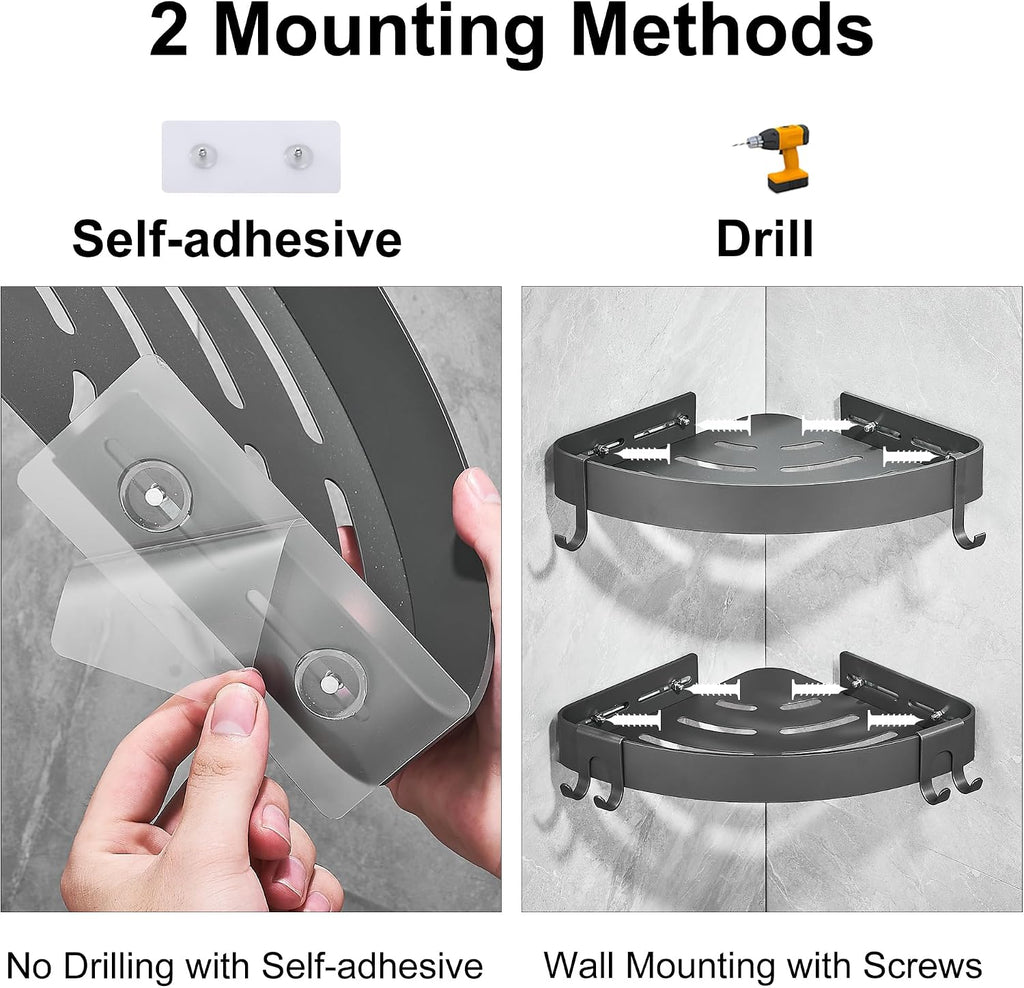 DUFU Adhesive Corner Shower Caddy with Hooks, Grey, 2 Pack