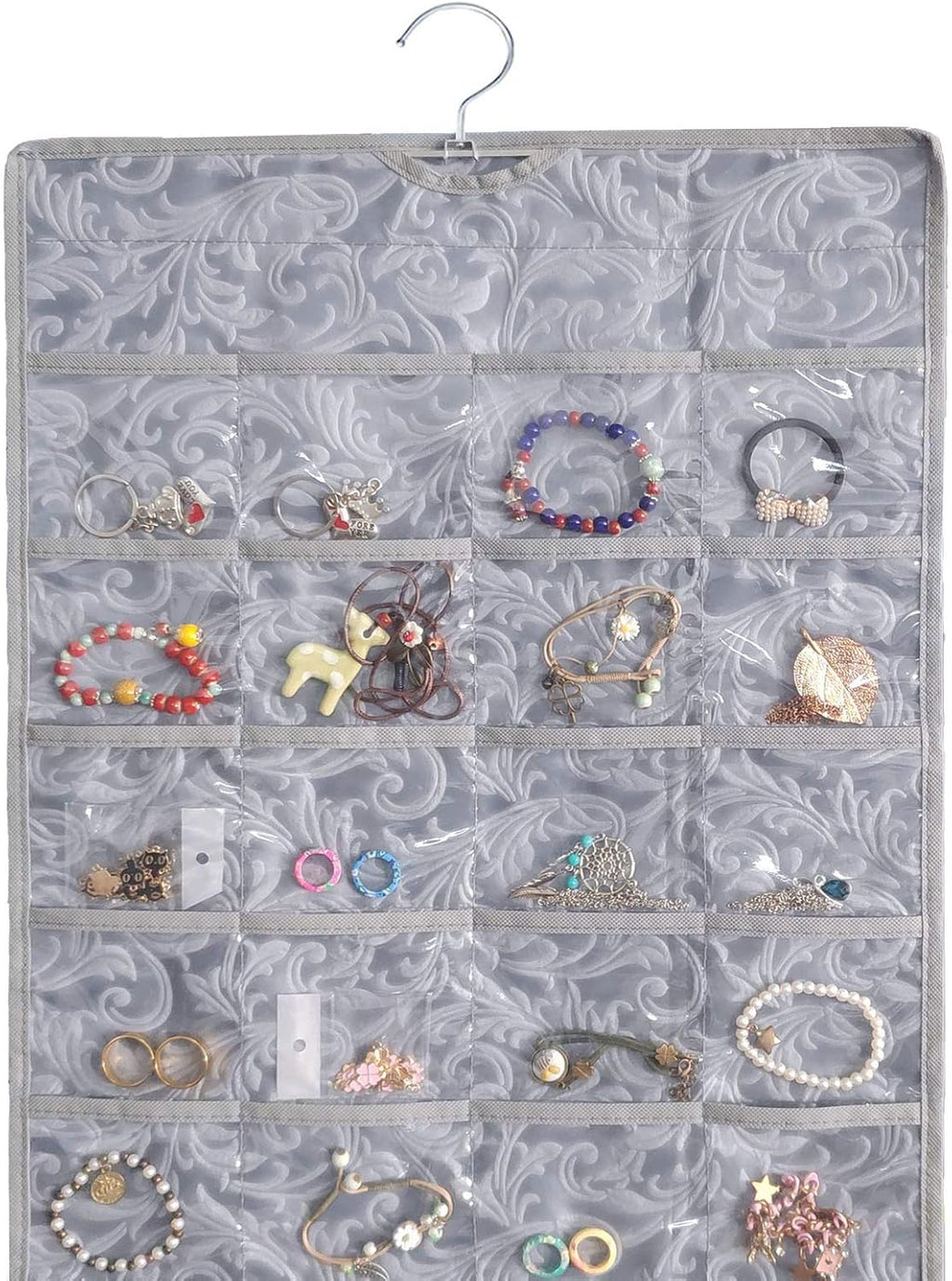 BB Brotrade Hanging Jewelry Organizer,Double Sided Jewelry Storage Organizer with Embossed Pattern,80 Clear PVC Pockets Organizer for Holding Jewelries (Grey)