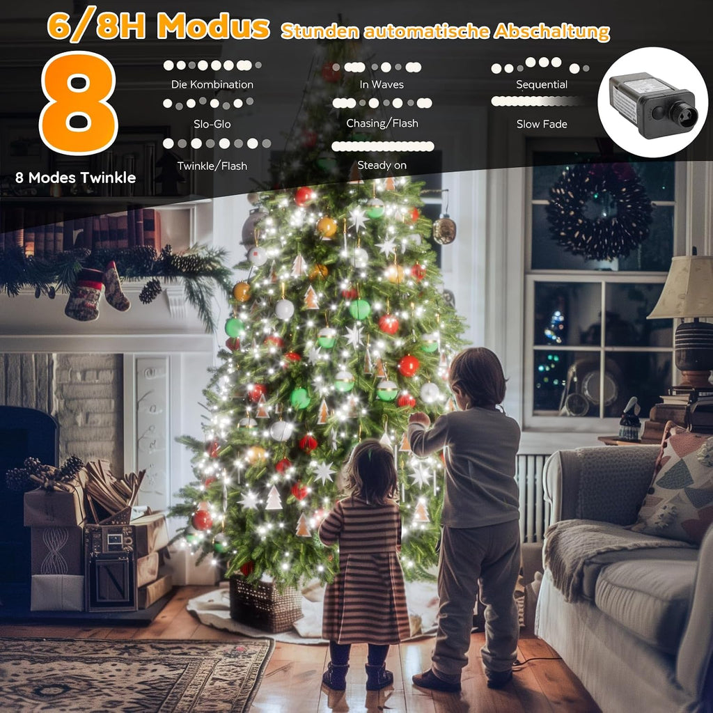 Christmas Tree Lights, 400 LED 8.2Ftx16 Line String Lights Plug in, Cascading Twinkle Lights for Xmas Tree with Timer Memory Function 8 Modes for Indoor Outdoor Wedding Party Decoration (White Light)