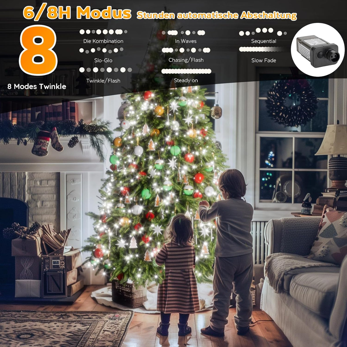 Christmas Tree Lights, 400 LED 8.2Ftx16 Line String Lights Plug in, Cascading Twinkle Lights for Xmas Tree with Timer Memory Function 8 Modes for Indoor Outdoor Wedding Party Decoration (White Light)