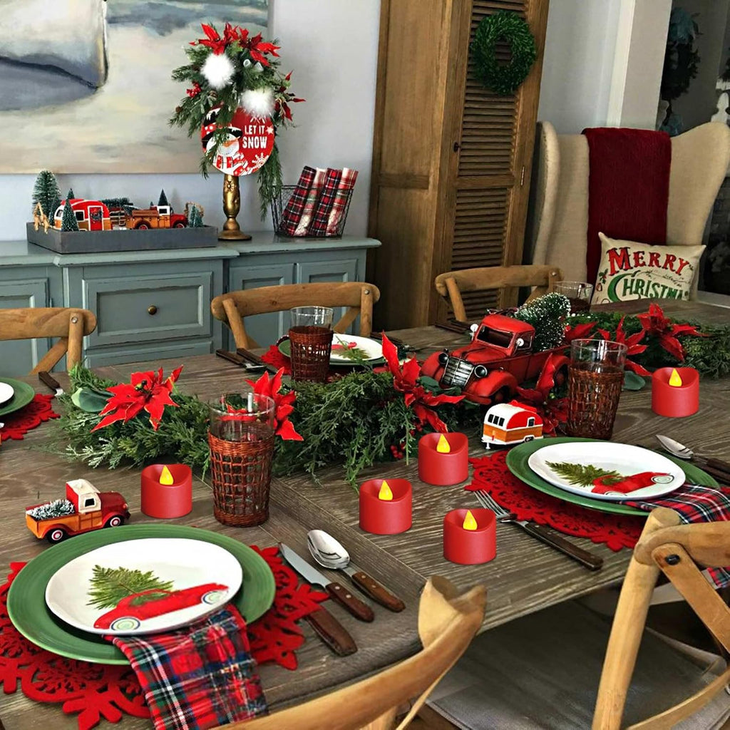 12 Pack Flameless Red Tea Light Battery Operated, Flickering LED Red Votive Candles Outdoor Flicker Electric Fake Tealight Candles Bulk for Christmas Halloween Wedding Romantic Party Decorations