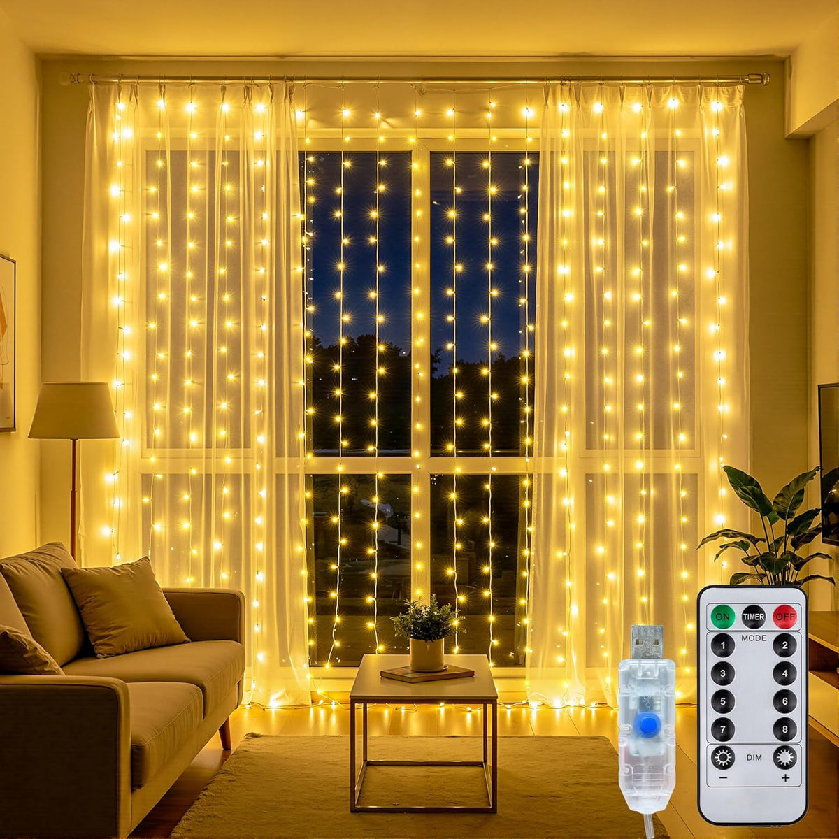 Curtain String Lights 300LED 9.8x9.8FT, Warm White, IP44, 9.8FT Lead