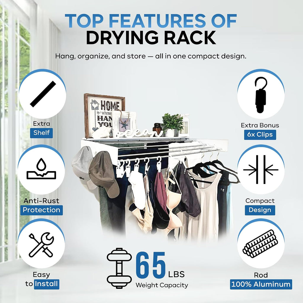 40" Premium Aluminium Foldable Clothes Drying Rack Included Shelf with 6 Rods & 6 Extra Clips - Large Laundry Rack | 65 LBs Capacity Space-Saving Collapsible Design for Indoor Outdoor Use