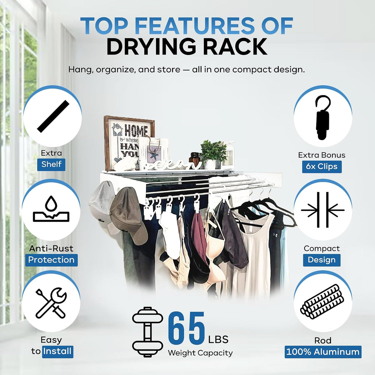 40" Premium Aluminium Foldable Clothes Drying Rack Included Shelf with 6 Rods & 6 Extra Clips - Large Laundry Rack | 65 LBs Capacity Space-Saving Collapsible Design for Indoor Outdoor Use