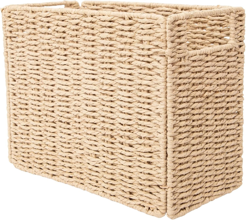 YAHUAN Foldable Woven Paper Rope Storage Basket Magazine Basket with Built-in Handles, Magazine Rack Floor, Hand-woven Book Basket Newspaper Holder for Living Room, Bedroom, Office (Paper rope)