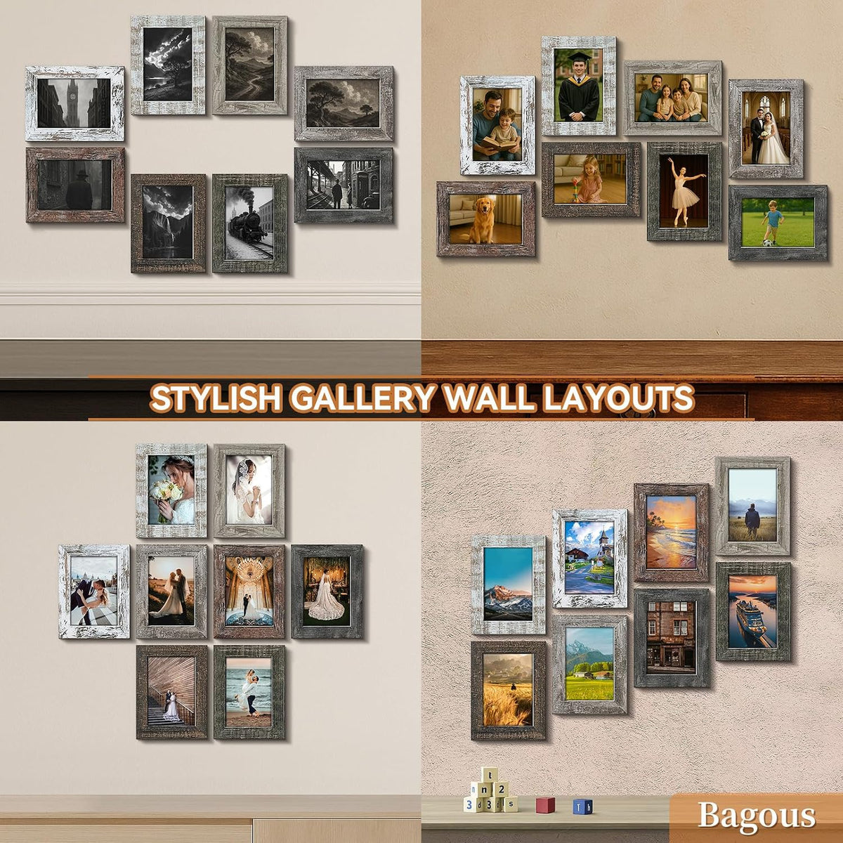 4x6 Picture Frames Set of 8, Vintage Rustic Farmhouse Industrial Style Photo Frames, High Definition Real Glass, for Tabletop or Wall Hanging