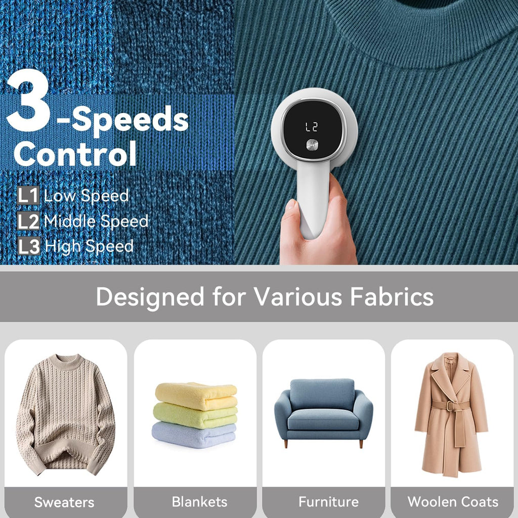 Rechargeable Fabric Shaver, 6-Leaf Blades, LED Display, 3 Speeds