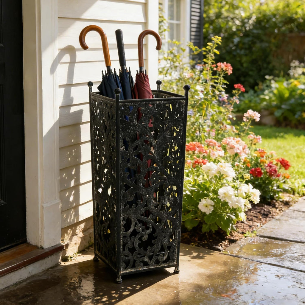 Vintage Black Metal Umbrella Holder with Ornate Cutout Pattern Antique Decorative Umbrella Stand with Detachable Drip Tray for Entryway Storage Umbrellas Canes & Walking Sticks (Black)