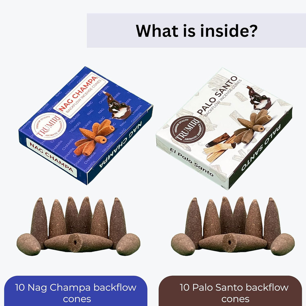 TRUMIRI Backflow Incense Cones - Combo Pack of 20 Incense Cones Waterfall - 10 Nag Champa + 10 Palo Santo