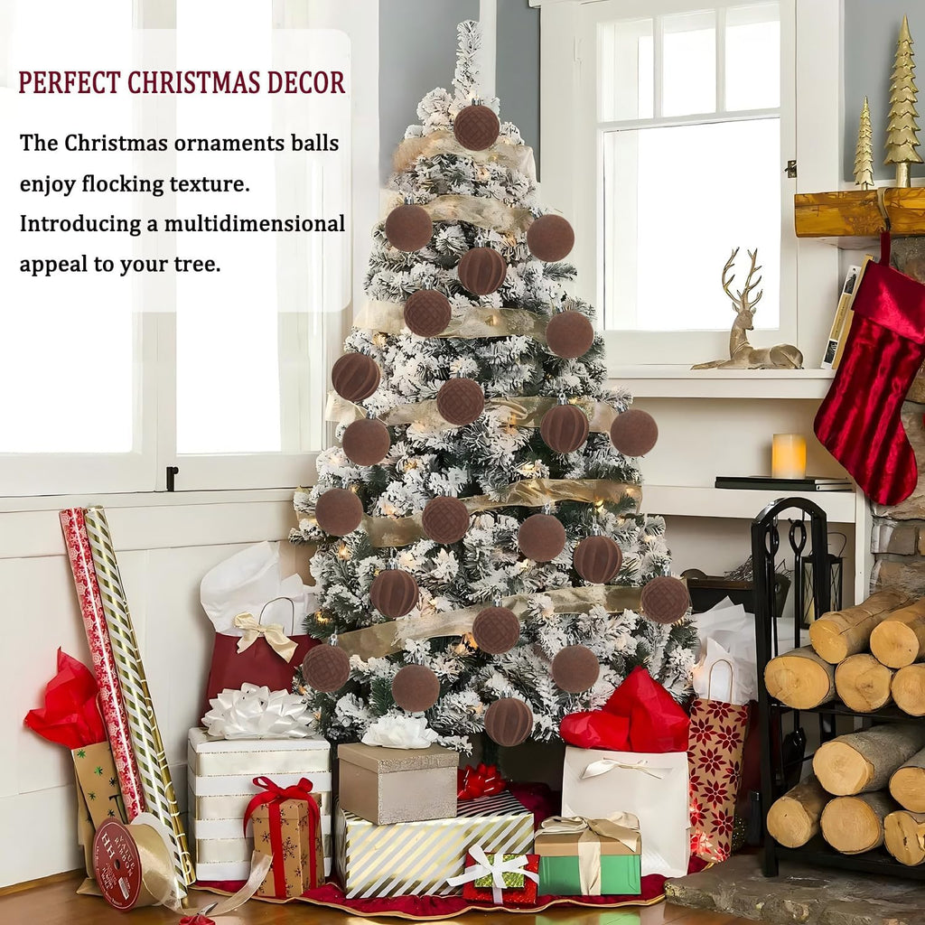 Artmag 16 Pcs Velvet Christmas Balls Hanging Ornaments Set, Shatterproof Plastic Flocked Christmas Tree Balls Xmas Decorations Festival Holiday Party Decor (Brown,2.36 Inch)