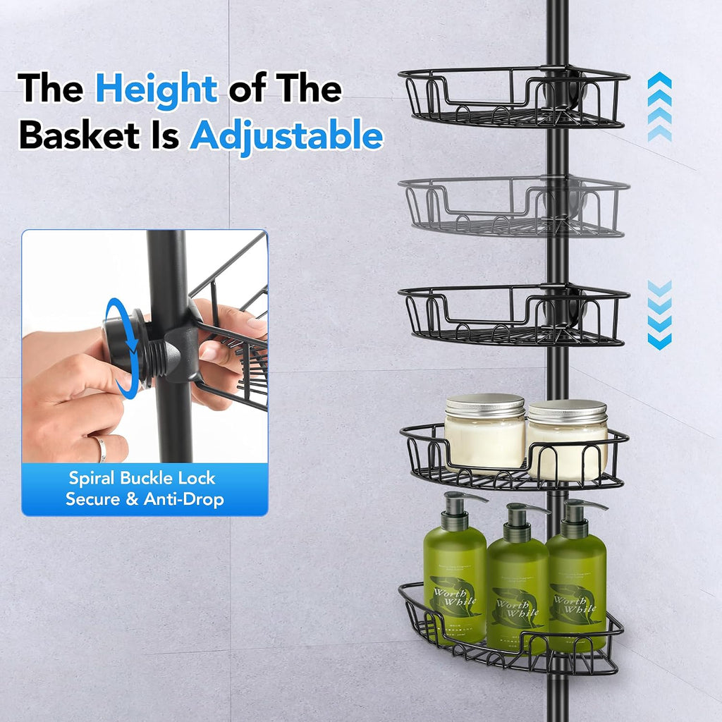Corner Shower Caddy Tension Pole, Triple Stability 4-Tier Bathroom Rack
