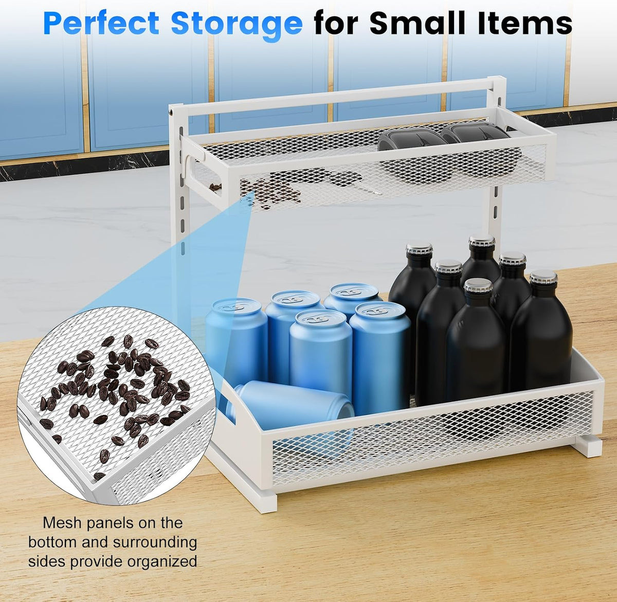 Petiza Metal Under Sink Organizer, Pull Out Cabinet Organizer Rack with Silk-Smooth Bottom Drawer, 5-Level Adjustable, Multi-Purpose Storage Shelf for Bathroom, Kitchen, Vanity, Pantry (2-Pack)