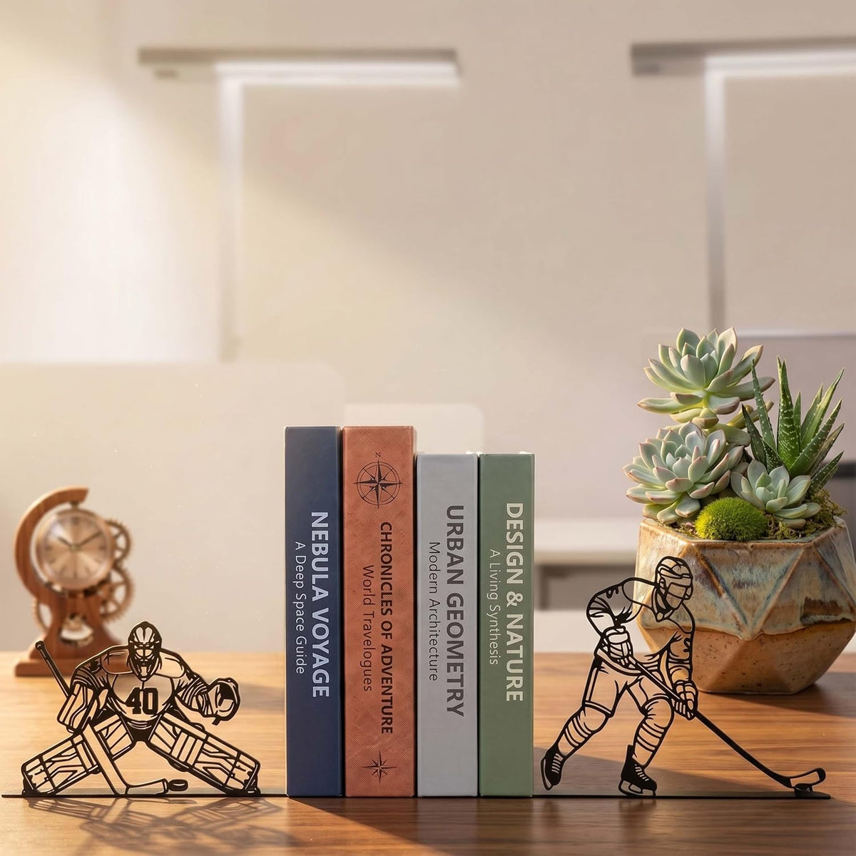 Ice Hockey Metal Bookends, Heavy Duty Book Ends for Shelves, Decorative Hockey Book Holders for Office Home Library, Sports Decor Gift for Hockey Fans Boys Kids Room