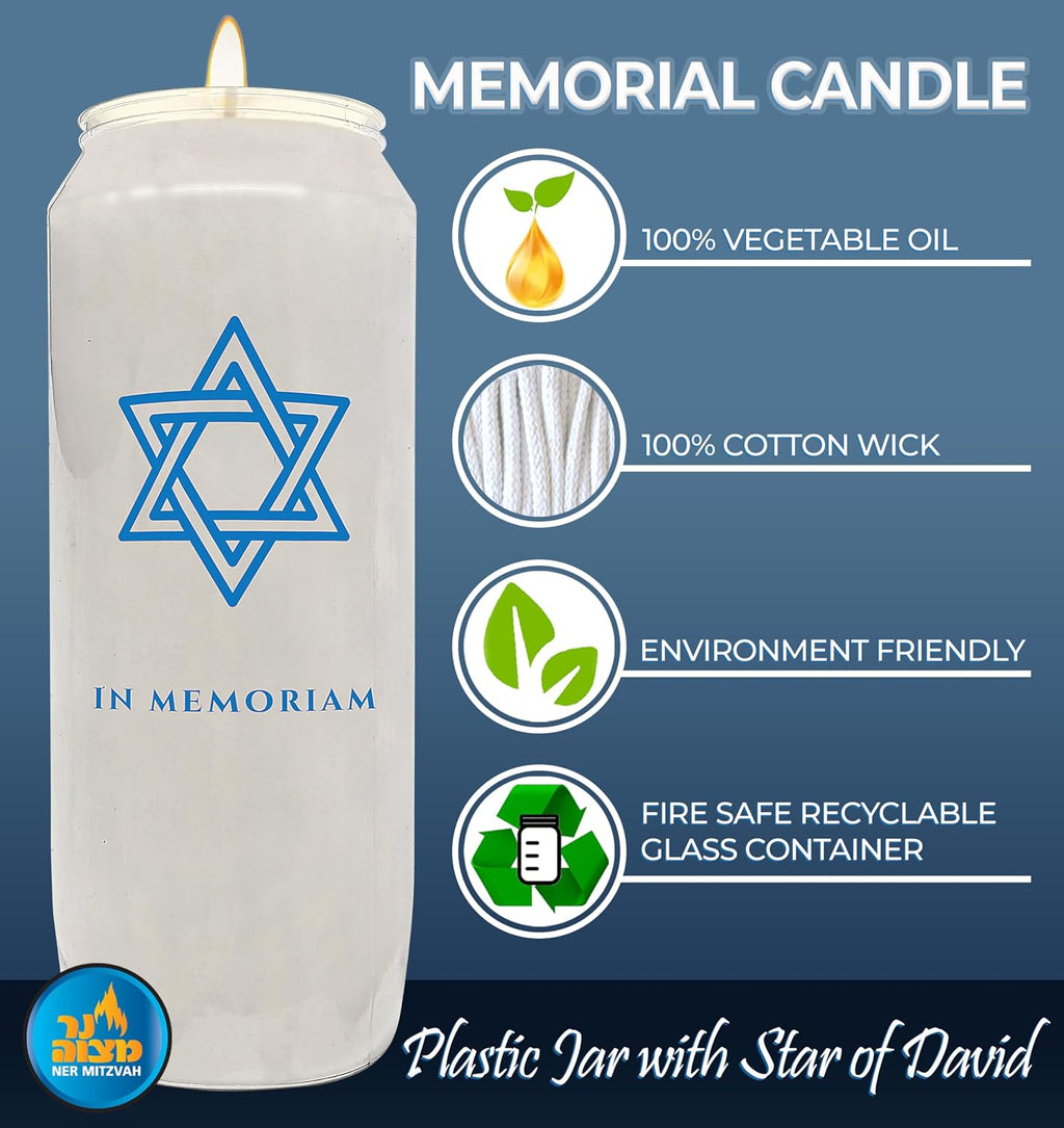9 Day Memorial Candles, 6 Pack - Plastic Jar with Star of David - 7” Tall Pillar Candles for Religious, Prayer, Party Decor, Vigil and Emergency Use - By Ner Mitzvah