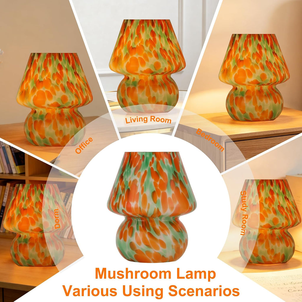 Mushroom Lamp Set of 2, Small Glass Table Lamp, Bedside Nightstand Lamp, Cute Desk Lamp for Bedroom, Dorm, Living Room & Kitchen, Classic Vintage Home Decor Lamp (2, Green&Orange)