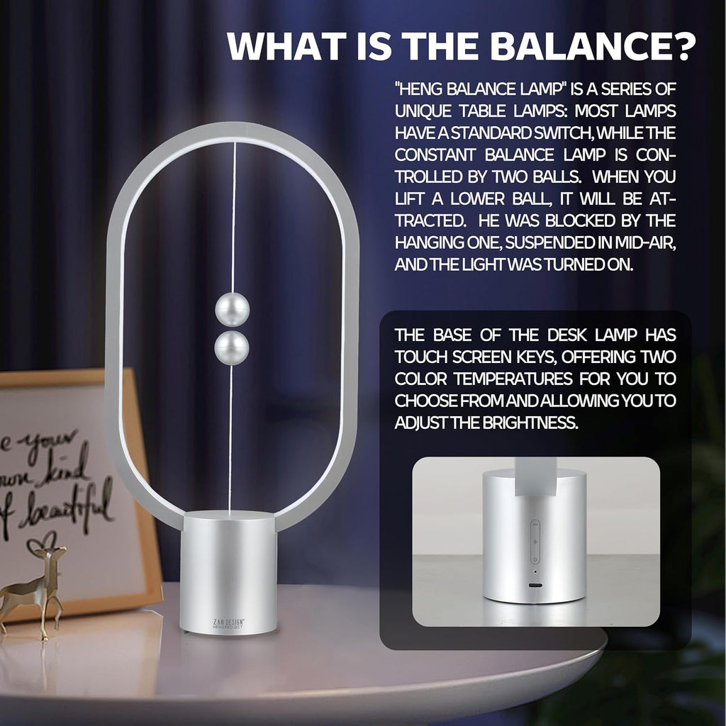 Heng Balance Light, USB Powered LED Table lamp, Creative, Magnetic Switch Night Light, dimmable Eye Protection Table lamp, Used for Gifts, Decoration Bedside, Dormitory and Office(Silver)