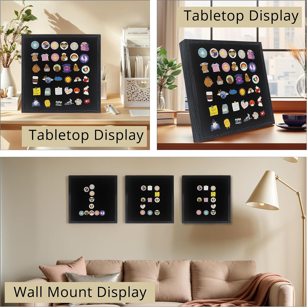 GMFrames 11x11 Enamel Pin Display Case, Pin Collection Display Frame with Real Glass, Shadow Box for Wall and Tabletop, Pin Holder Black