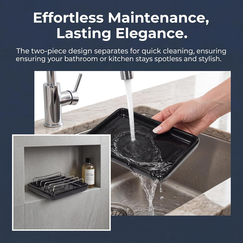 Soap Dish Drain Tray Self Draining Soap Holder Sponge Holder Soap Dishes for Shower, Bathroom, Kitchen Sink (1, C-Black)