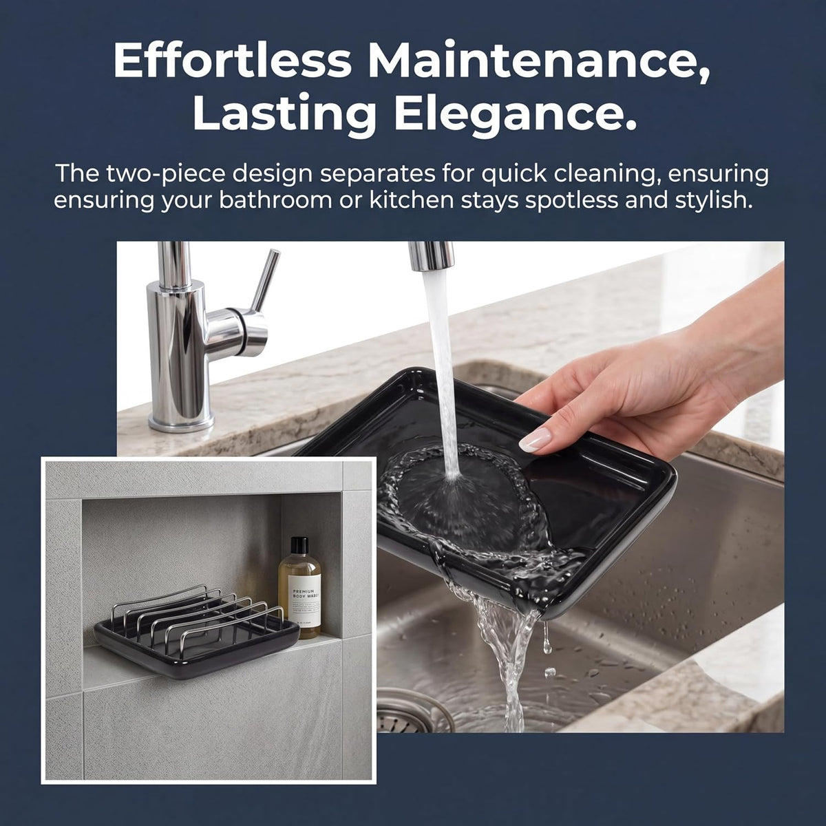 Soap Dish Drain Tray Self Draining Soap Holder Sponge Holder Soap Dishes for Shower, Bathroom, Kitchen Sink (1, C-Black)