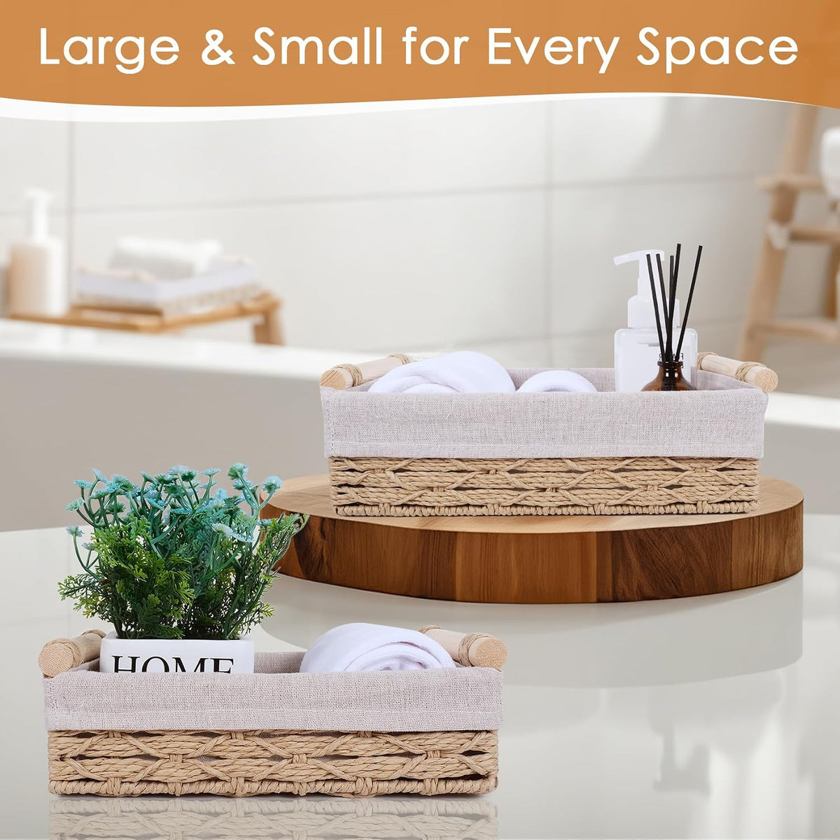 Wicker Storage Basket with Wooden Handle – Paper Rope Decorative Toilet Paper Baskets & Bathroom Organizer for Toilet Tank Top, Shelves, Bedroom, Countertop,Home,Office Storage Bins, 2 Pack,Beige