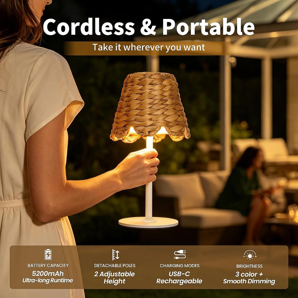 Cordless Rechargeable Table Lamp with Bohemian Wicker Water Hyacinth Lampshade, Battery Powered Top Touch Table Light with 3 Color Stepless Dimming for Patio Restaurant (White)