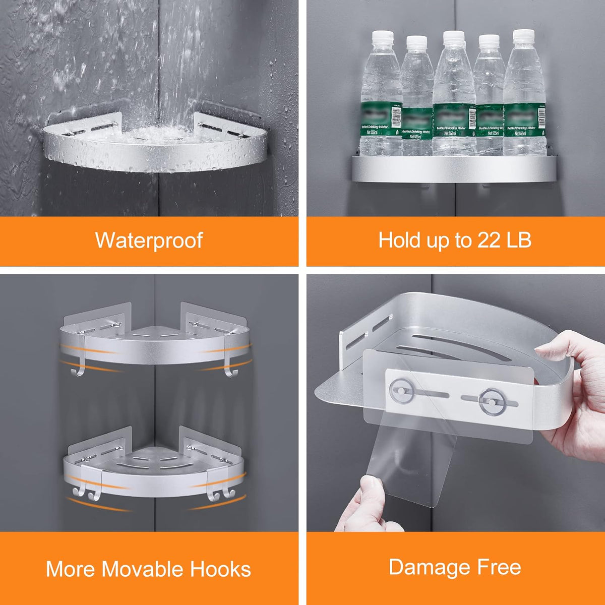 DUFU Adhesive Corner Shower Caddy with Hooks, Silver, 2 Pack
