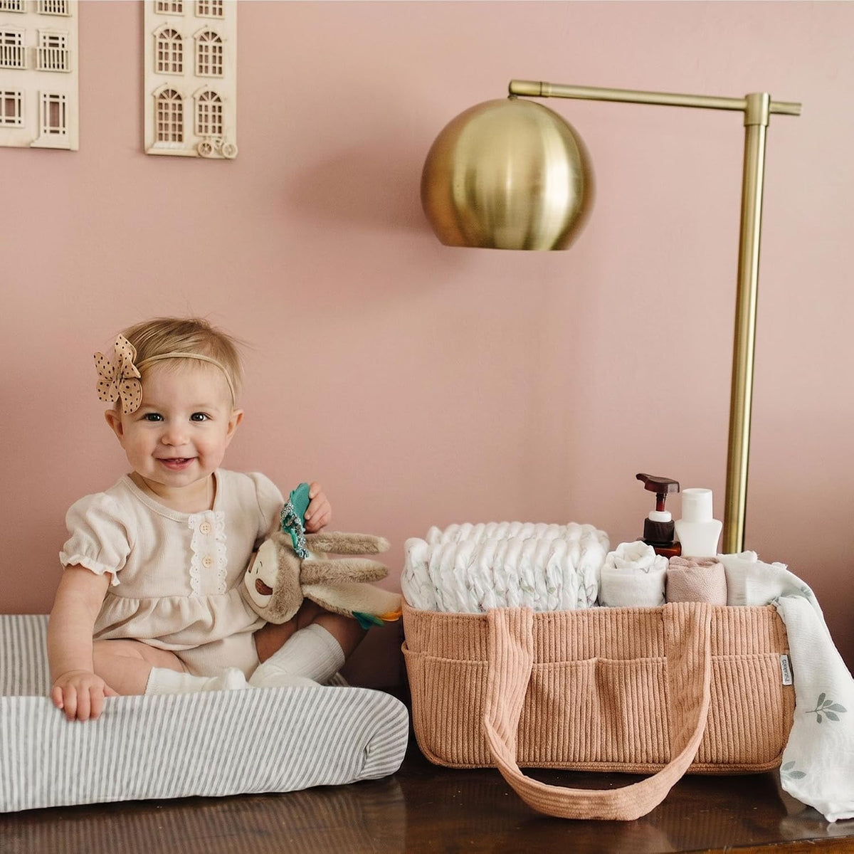 PUTSKA Baby Diaper Caddy Organizer, Nursery Basket, Terracotta Corduroy
