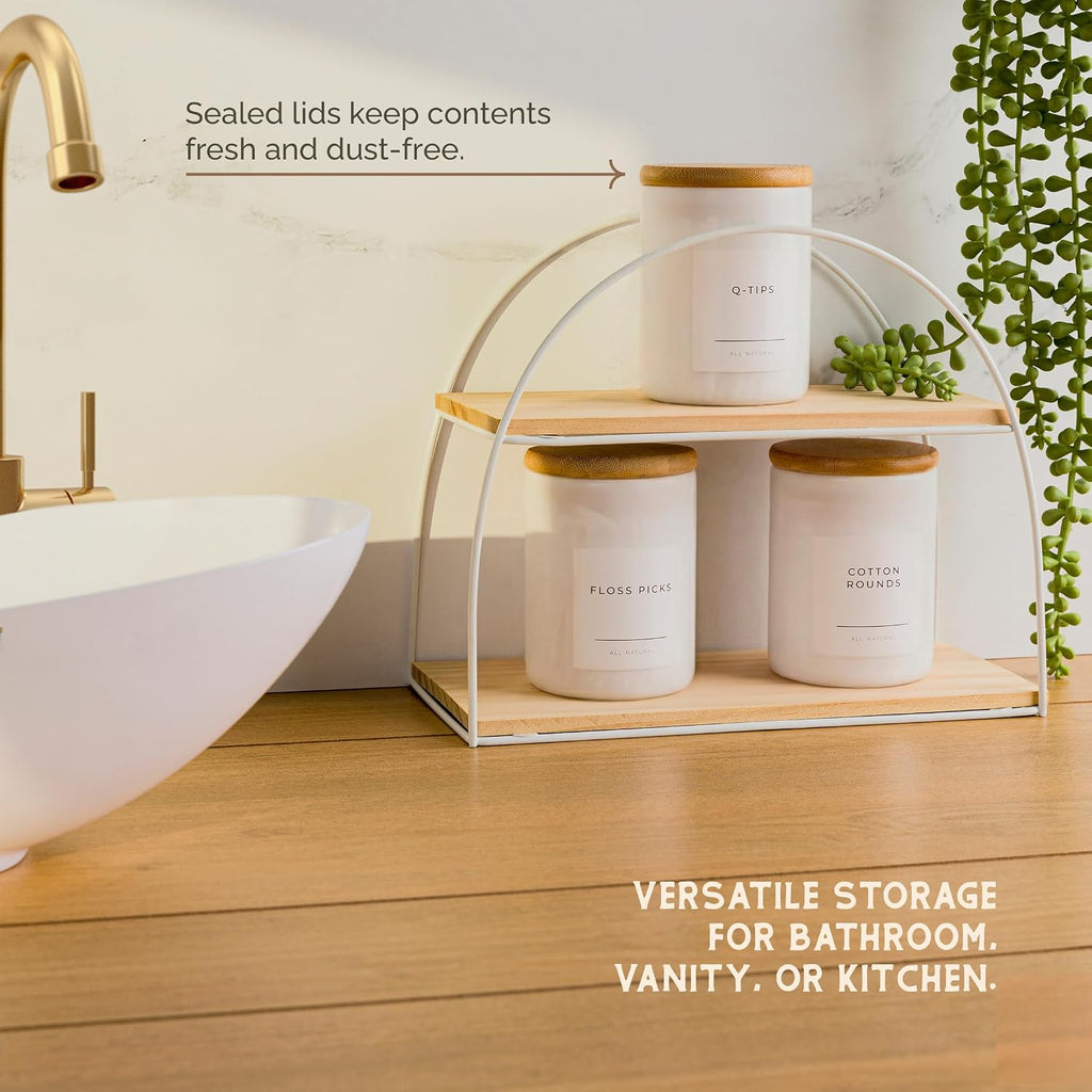 Vase and Vessel Mini Glass Apothecary Jars with Bamboo Lids, Small Bathroom and Kitchen Storage Containers, For Cotton Balls, Pads and Swabs, 10 oz, Set of 3, White