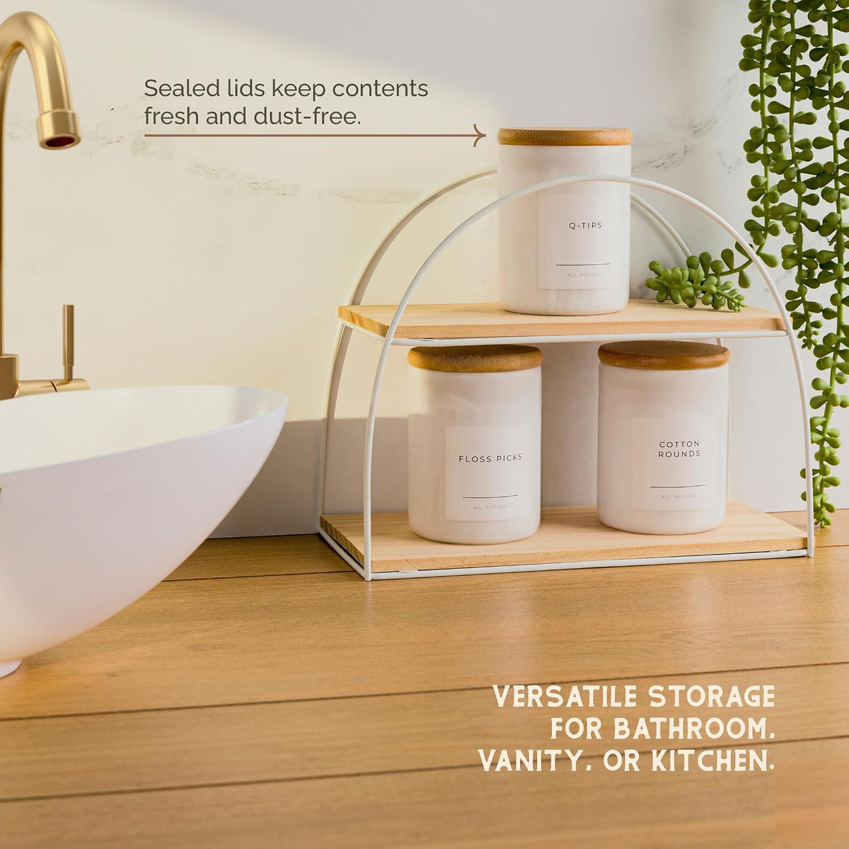 Vase and Vessel Mini Glass Apothecary Jars with Bamboo Lids, Small Bathroom and Kitchen Storage Containers, For Cotton Balls, Pads and Swabs, 10 oz, Set of 3, White