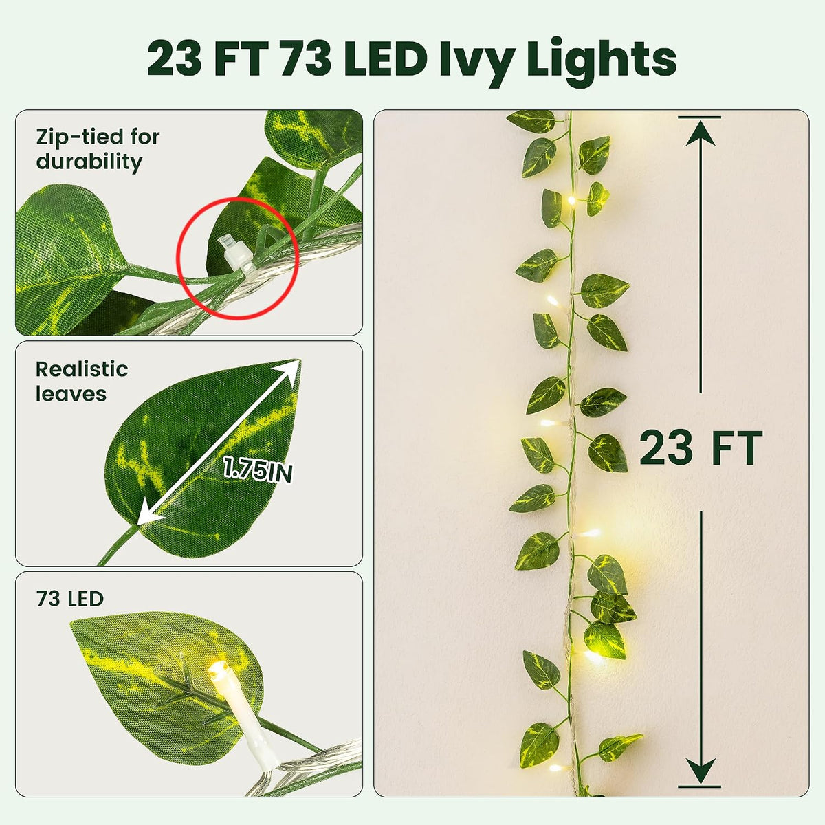 HEYFUNi Vines with Lights 23FT, Faux Pothos String Lights Plug in