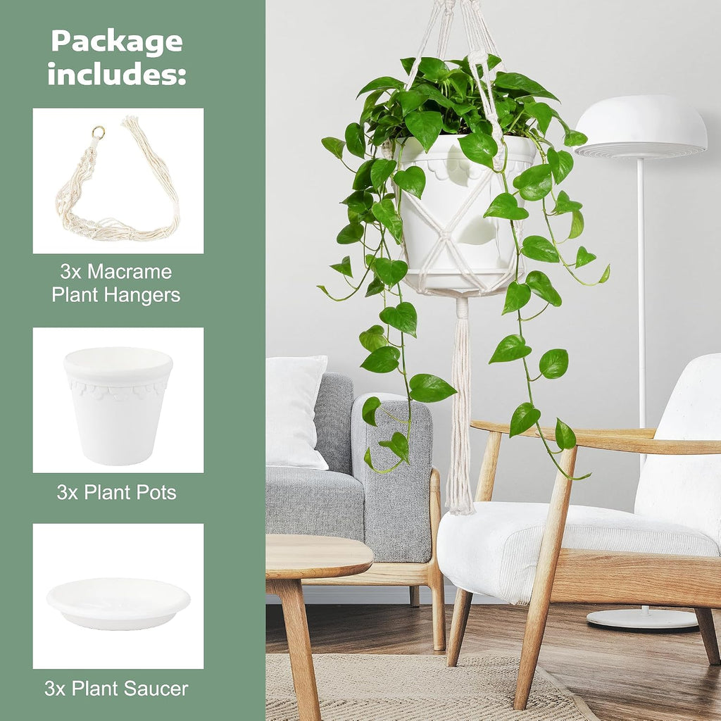 Hanging Planters with Macrame Plant Hangers, 3-Set, 3 Different Sizes