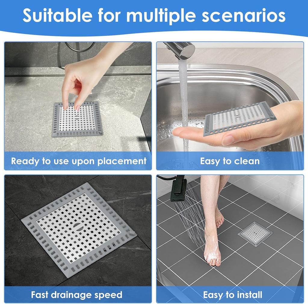 4 Pack Drain Hair Catcher, 4.8" Square Shower Drain Cover, 304 Stainless Steel Drain Strainer with Non-Slip Silicone Edge for Bathroom Floor Drain, Sink, Bathtub and Laundry