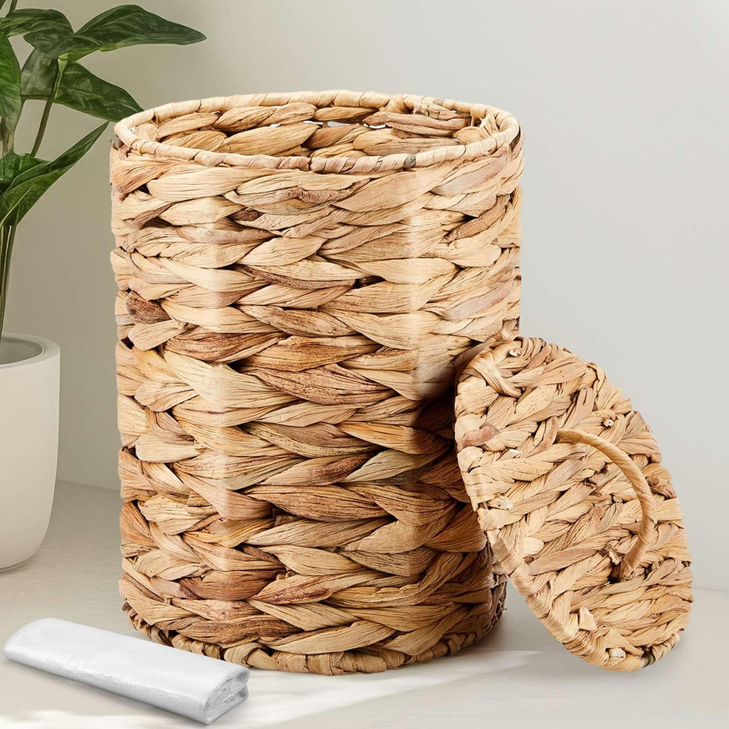 Ctosree 3.8 Gal Large Trash Can with Lid Boho Woven Wicker Waste, Natural