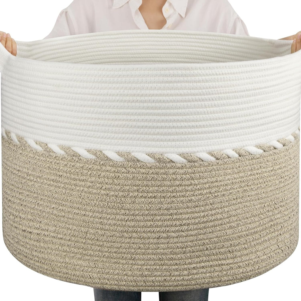OIAHOMY 105L Extra Large Blanket Basket - Decorative Cotton Rope Storage Basket for Bedroom, Living Room & Nursery - Woven Laundry Hamper for Organizing Blankets, Clothes & Toys - Light Brown & White