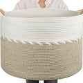 OIAHOMY 105L Extra Large Blanket Basket - Decorative Cotton Rope Storage Basket for Bedroom, Living Room & Nursery - Woven Laundry Hamper for Organizing Blankets, Clothes & Toys - Light Brown & White