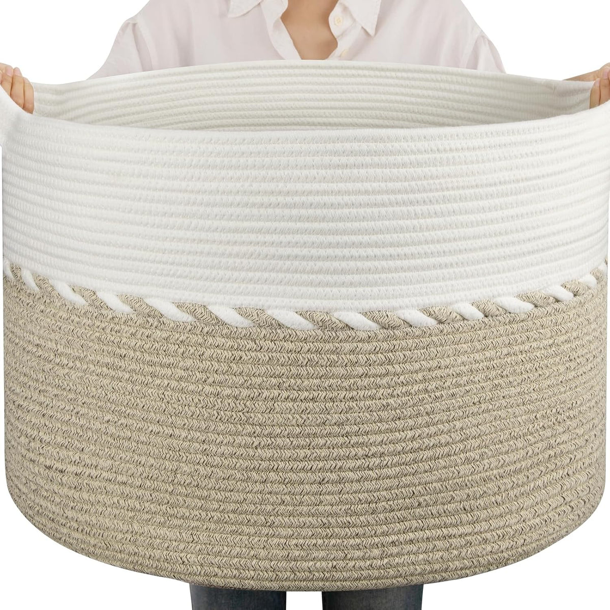 OIAHOMY 105L Extra Large Blanket Basket - Decorative Cotton Rope Storage Basket for Bedroom, Living Room & Nursery - Woven Laundry Hamper for Organizing Blankets, Clothes & Toys - Light Brown & White