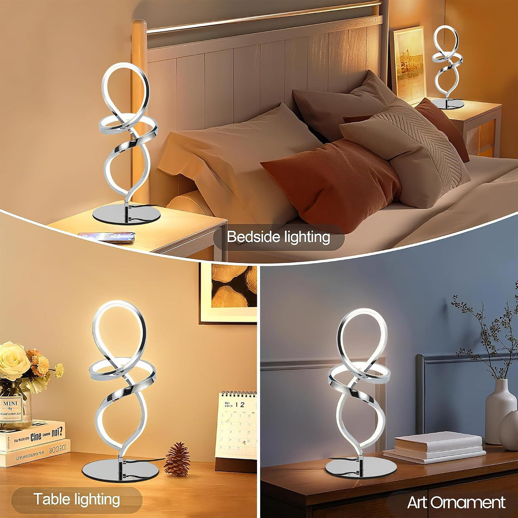 Modern Small Table Lamp with LED Spiral Design, 12W Chrome Nightstand Lamp