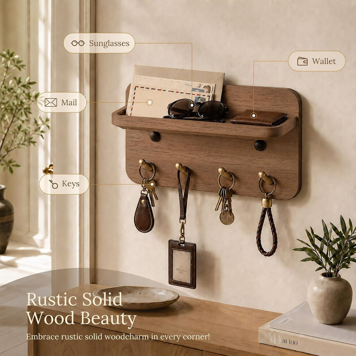 Key Holder Wall Mount, Solid Wood Key Holder for Wall with 4 Brass Hooks & Hidden Magnets, 15° Incline Hooks & Grooved Design to Prevent Slipping, Vintage Brown Key Hanger
