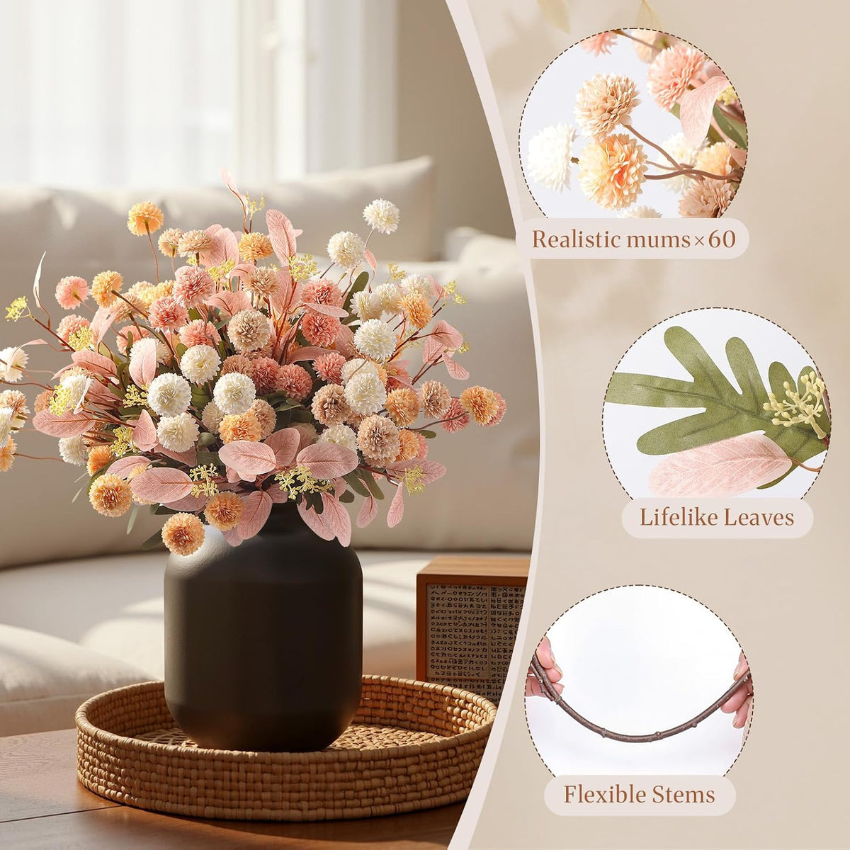 Alupssuc 16 Pcs Faux Silk Mums with Eucalyptus, Fake Chrysanthemum for Vase