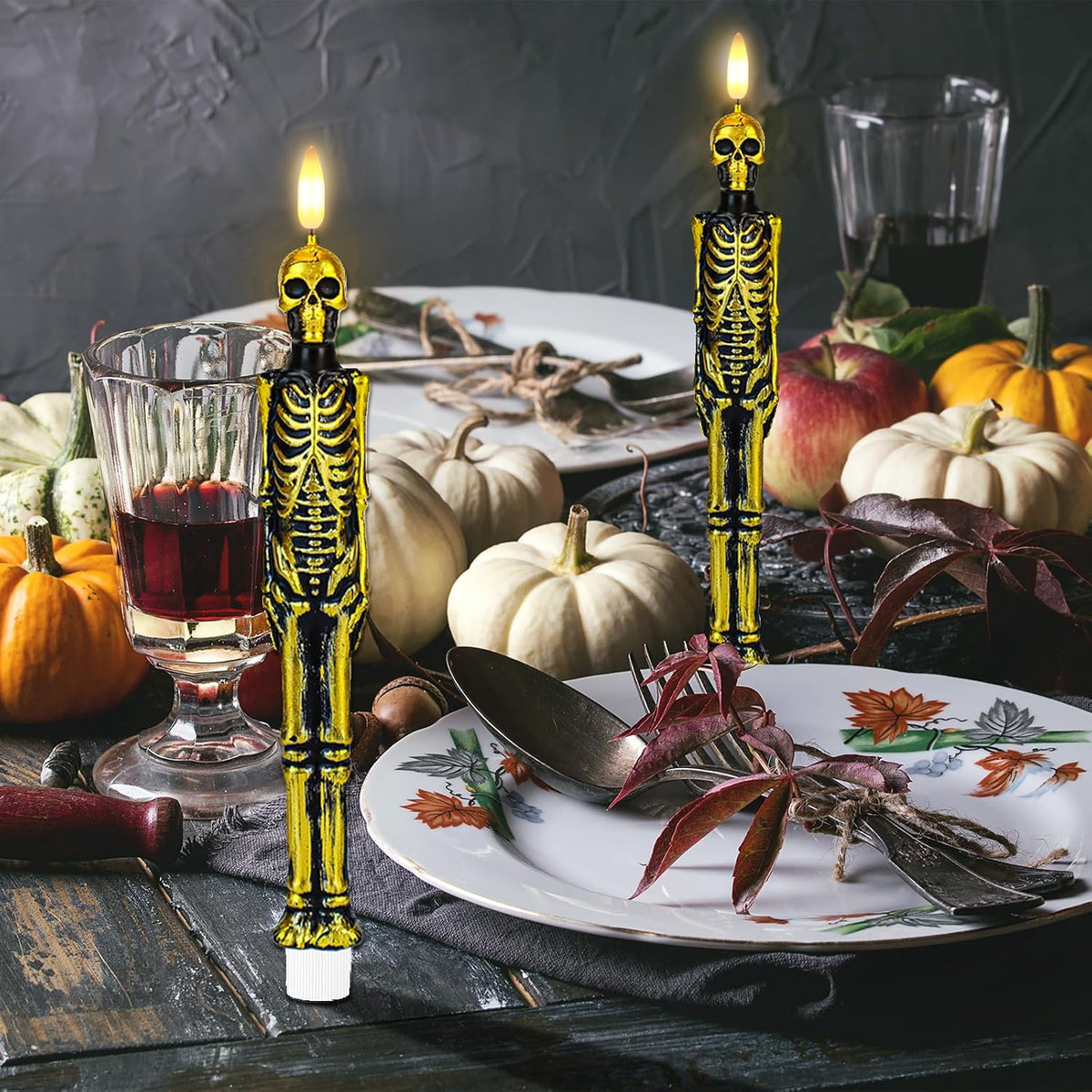 Halloween Skull Flameless Taper Candles Battery Operated, 2 Pack