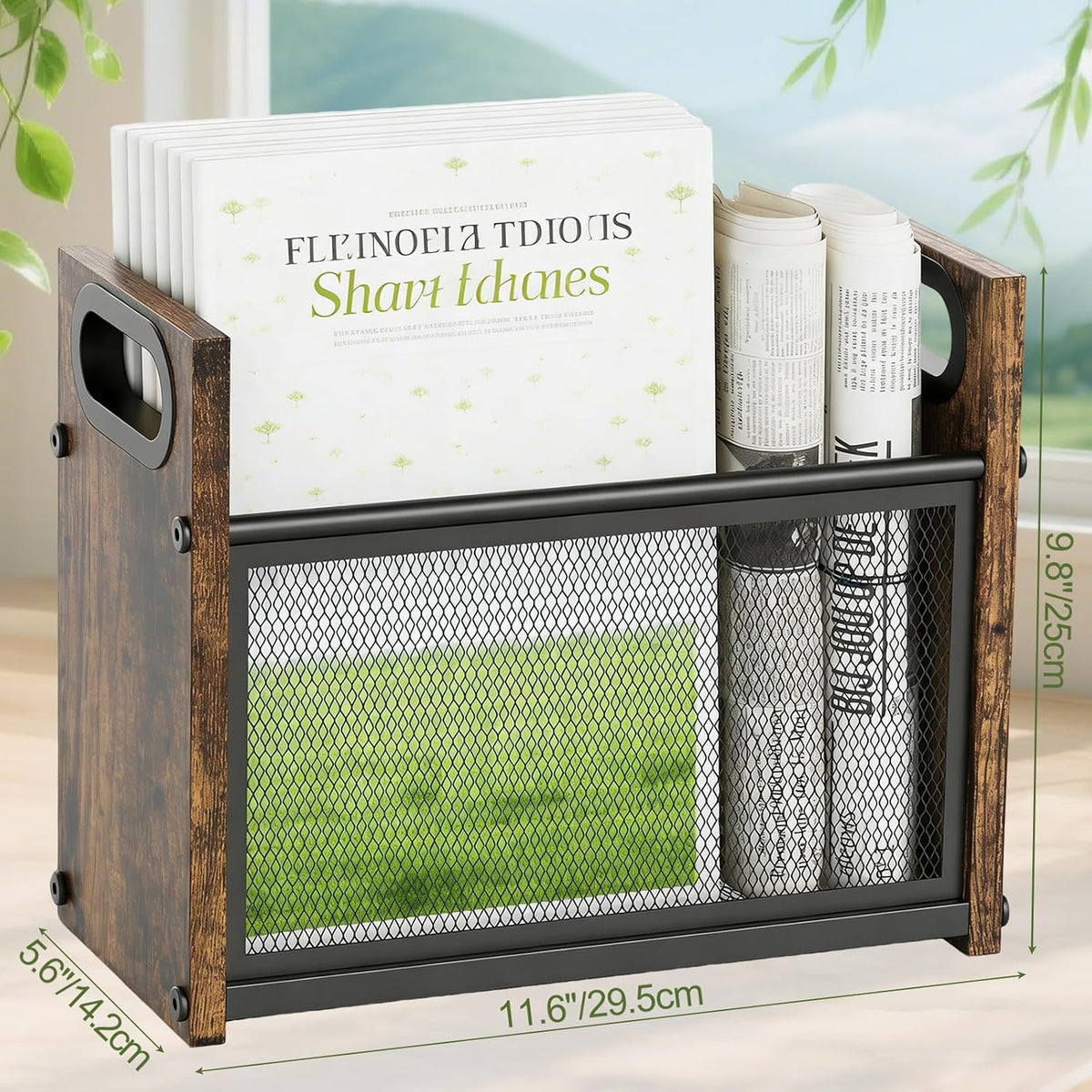 Magazine Rack & Holder, Mesh Magazine Rack Floor, Multi-Purpose Storage Organizer for Magazines, Books, Newspapers, Mail, Tablets | Magazines Storage Basket for Home, Office, Bathroom, Vintage Brown