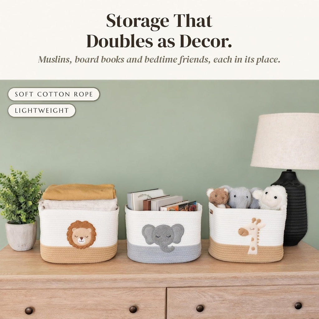 Safari Nursery Storage Baskets Set of 3, Cotton Rope Shelf Bins, 13x10x9 in