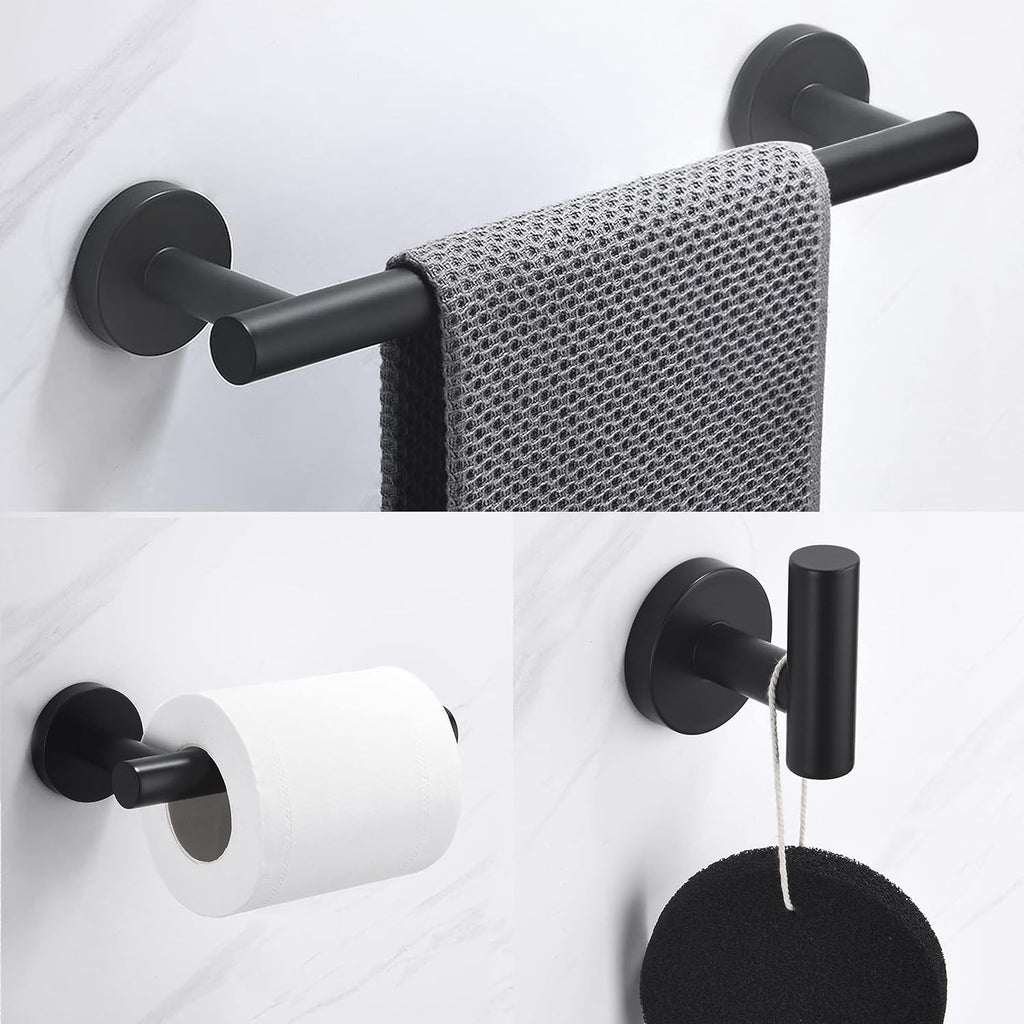 Nolimas 3-Pieces Set Matte Black Bathroom Hardware Set SUS304 Stainless Steel Round Wall Mounted - Includes 12" Hand Towel Bar,Toilet Paper Holder, Robe Towel Hooks,Bathroom Accessories Kit