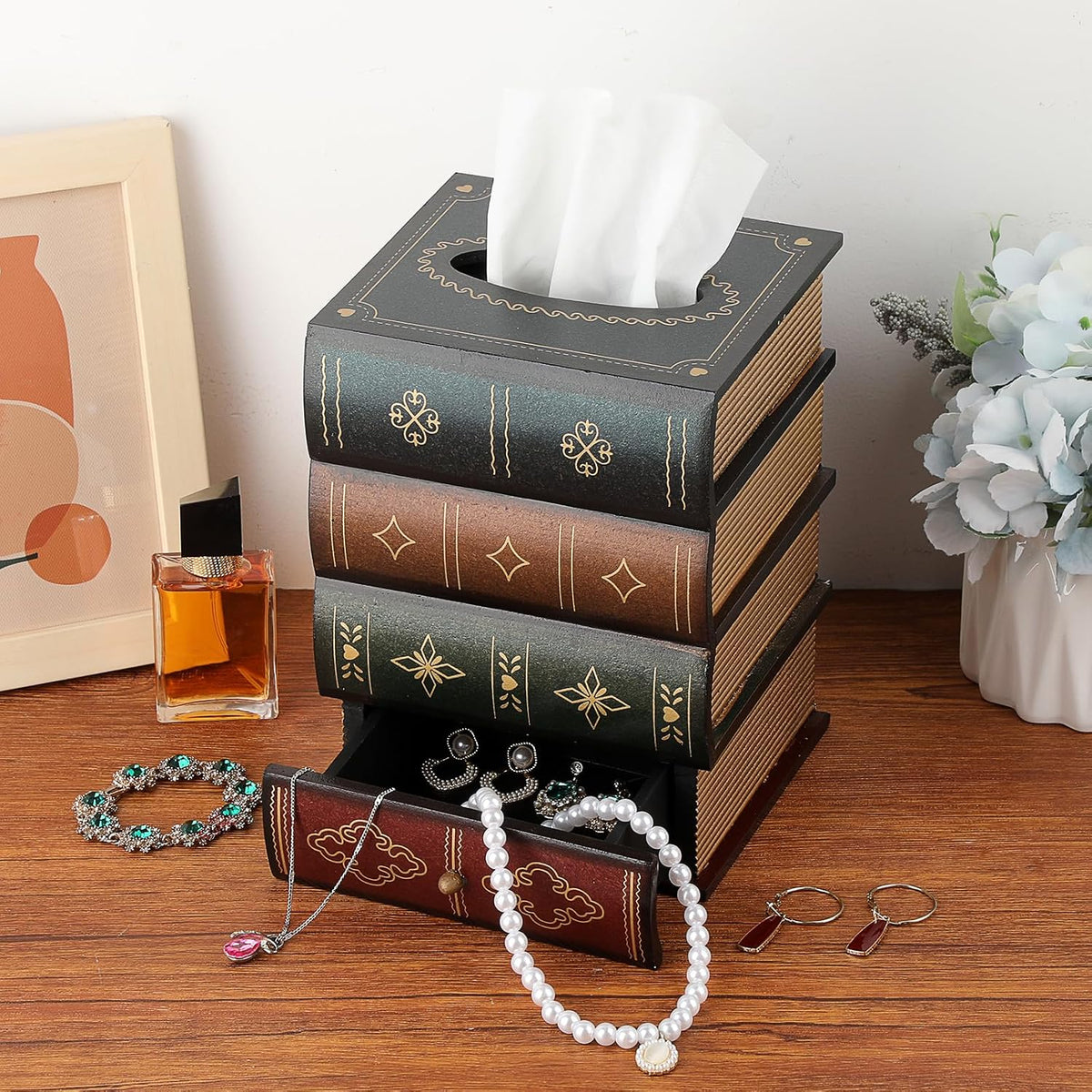 Antique Wooden Book Tissue Box Cover with Storage Drawer, Green Top