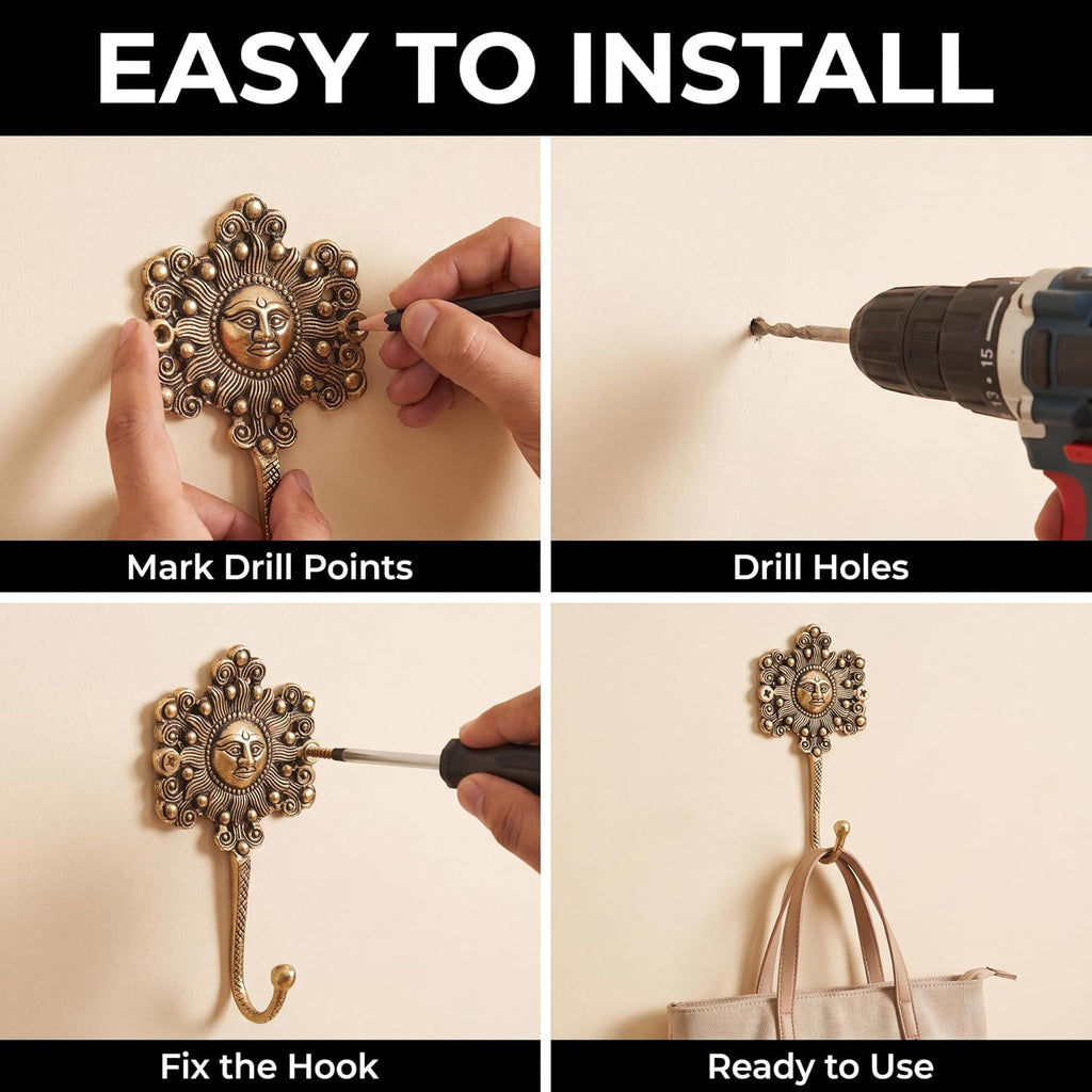 IndianShelf 3 Brass Sunflower Wall Hooks Vintage Gold Coat Key Towel Hanger