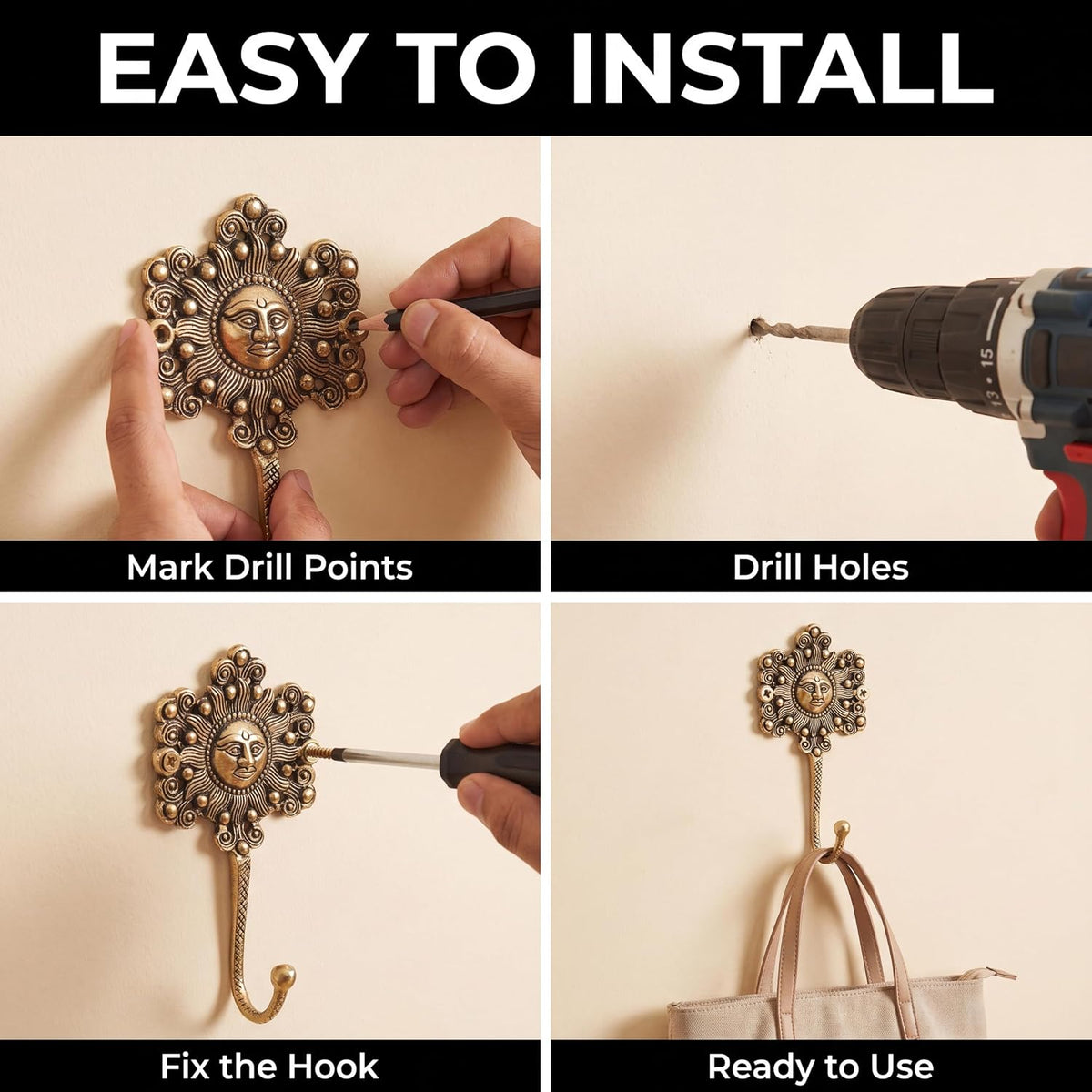 IndianShelf 3 Brass Sunflower Wall Hooks Vintage Gold Coat Key Towel Hanger